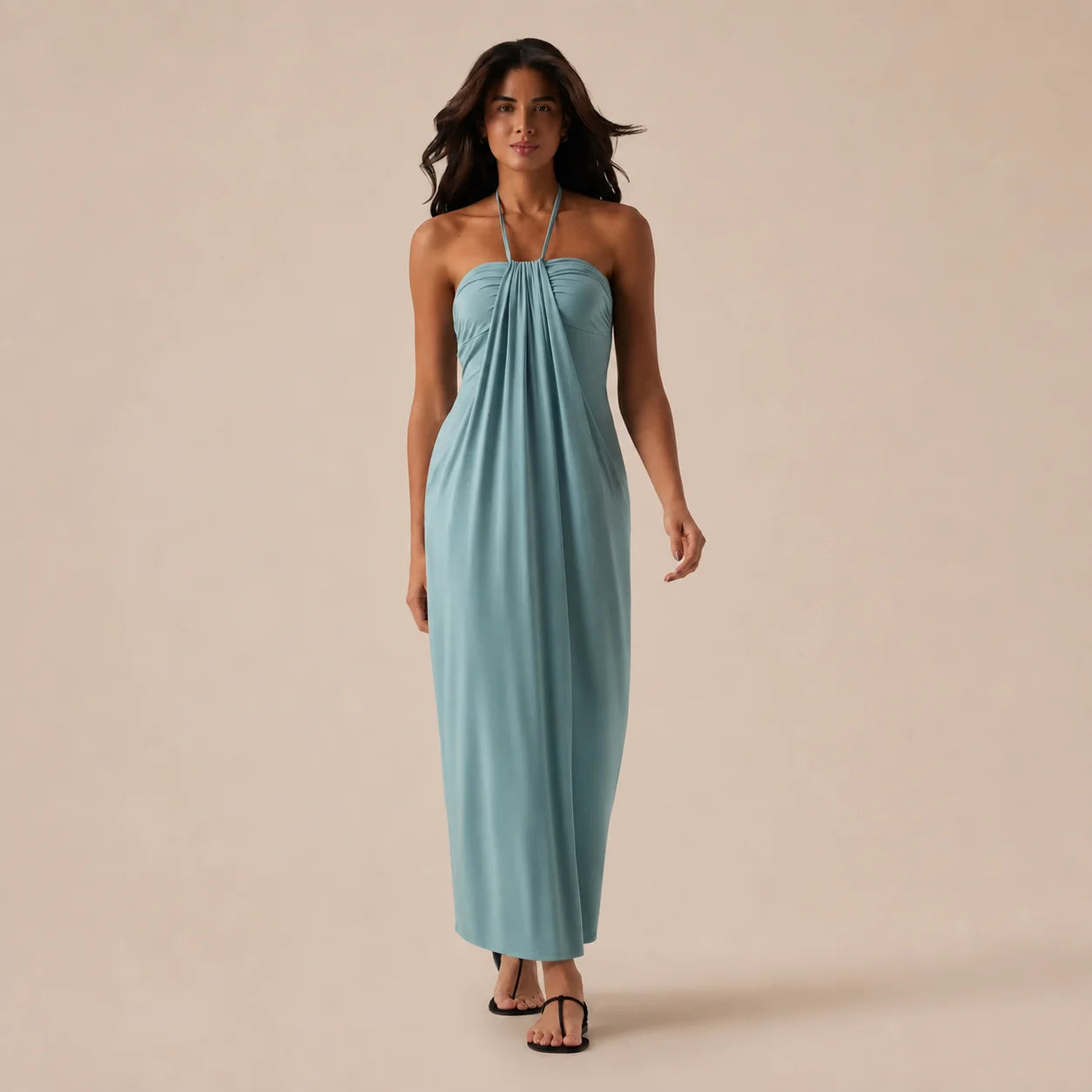 Halter Tie Gathered Maxi Dress with Pockets – Relaxed Summer Drape | Oyese