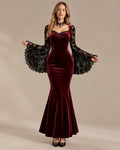 Gothic Velvet Lace Bell Sleeve Mermaid Maxi Dress – Fitted Waist Halloween Gown | Oyese