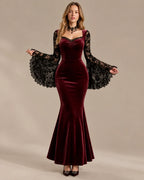 Gothic Velvet Lace Bell Sleeve Mermaid Maxi Dress – Fitted Waist Halloween Gown | Oyese