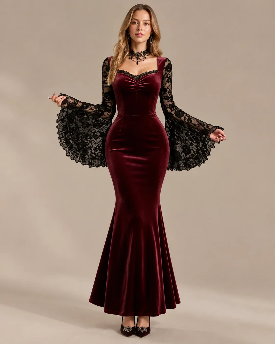 Gothic Velvet Lace Bell Sleeve Mermaid Maxi Dress – Fitted Waist Halloween Gown | Oyese