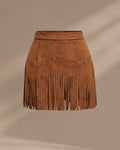 High-Waist Faux Suede Fringe Mini Skirt with Studs | Oyese
