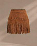 High-Waist Faux Suede Fringe Mini Skirt with Studs | Oyese
