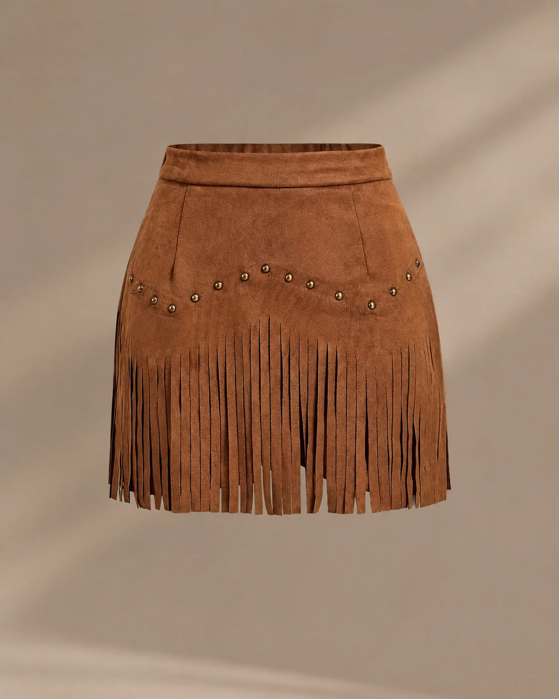 High-Waist Faux Suede Fringe Mini Skirt with Studs | Oyese