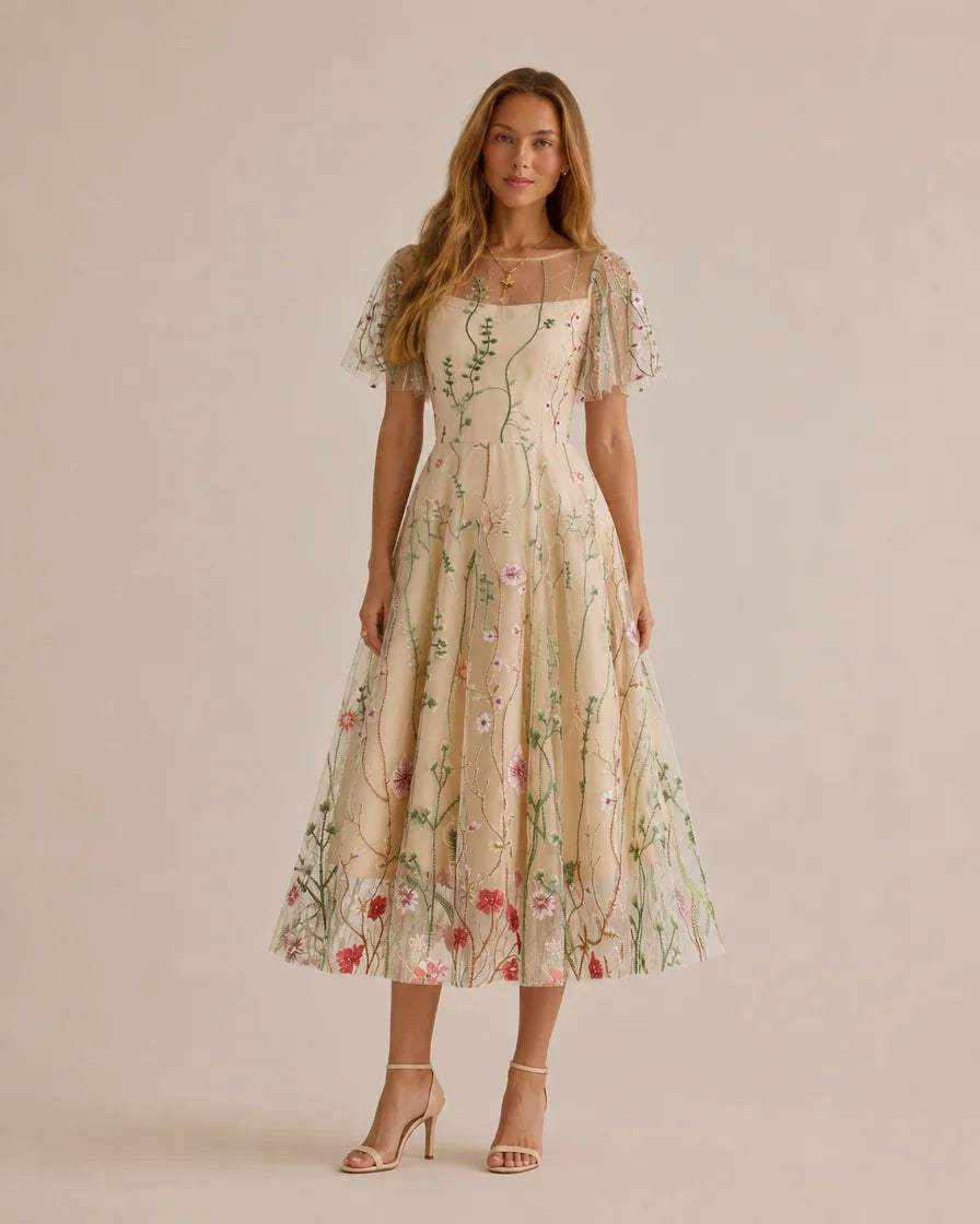 A woman modeling a cream-colored midi dress with a delicate floral and vine pattern, featuring short flutter sleeves and a square neckline, set against a solid beige studio background.