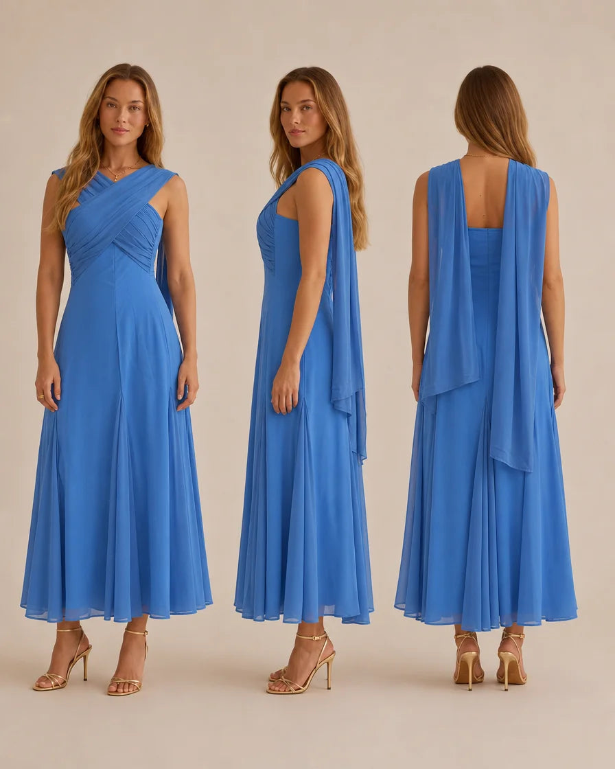 Three views of a woman modeling a flowing blue maxi dress against a plain beige studio background. The dress has a draped wrap-style bodice, sleeveless cut, and a loose back drape.