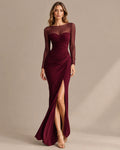 Illusion Neckline Sheer Sleeve Side Ruched Maxi Dress with Slit | Oyese