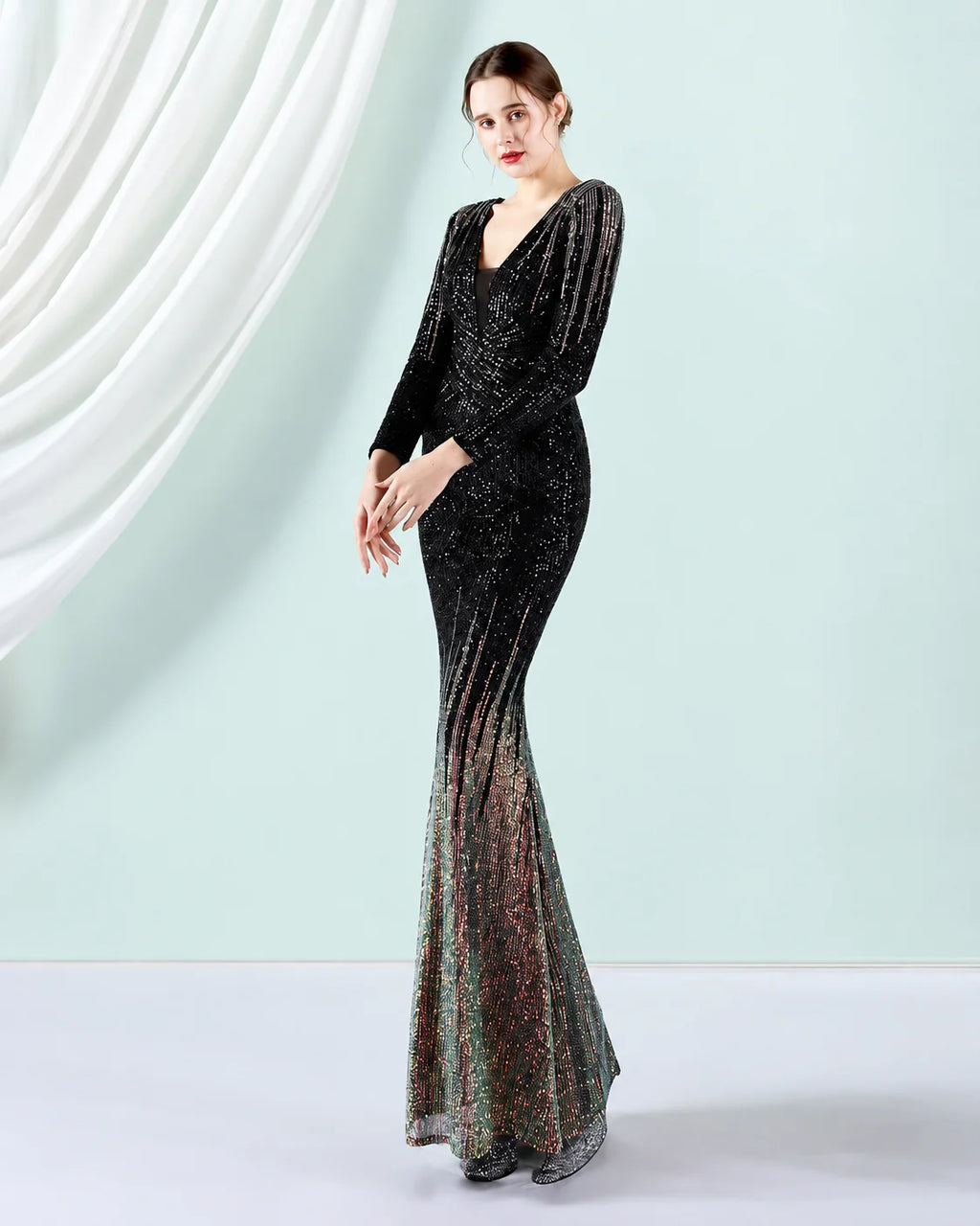 Deep V Long Sleeve Ombre Sequin Mermaid Evening Gown | Oyese