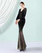 Deep V Long Sleeve Ombre Sequin Mermaid Evening Gown | Oyese