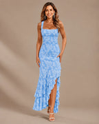 Square Neck Floral Tiered Ruffle Hem Mermaid Maxi Dress | Oyese