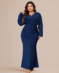 Plus Size V-Neck Glitter Mermaid Gown – Long Sleeve Sparkle Evening Dress | Oyese