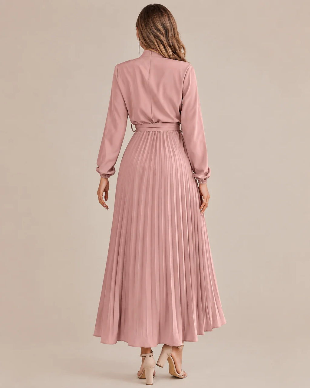 Ruffled Mock Neck Belted Pleated Midi Dress | Oyese