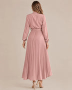 Ruffled Mock Neck Belted Pleated Midi Dress | Oyese