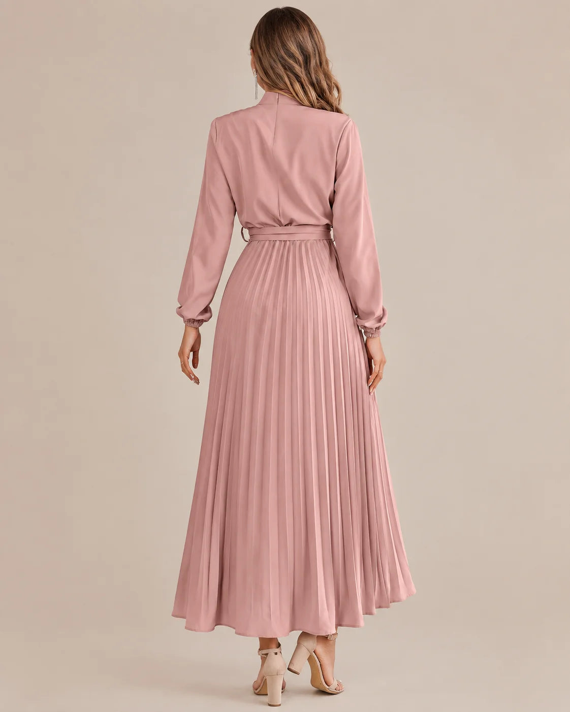 Ruffled Mock Neck Belted Pleated Midi Dress | Oyese