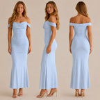 Off-Shoulder Ruched Mesh Bodycon Maxi Dress – Mermaid Evening Gown | Oyese