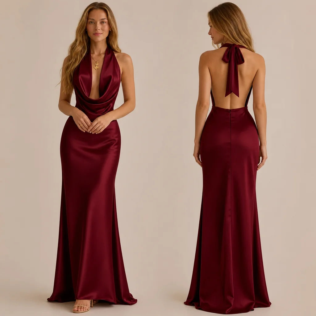Halter Cowl Neck Satin Mermaid Gown – Backless Tie-Bow Evening Dress | Oyese