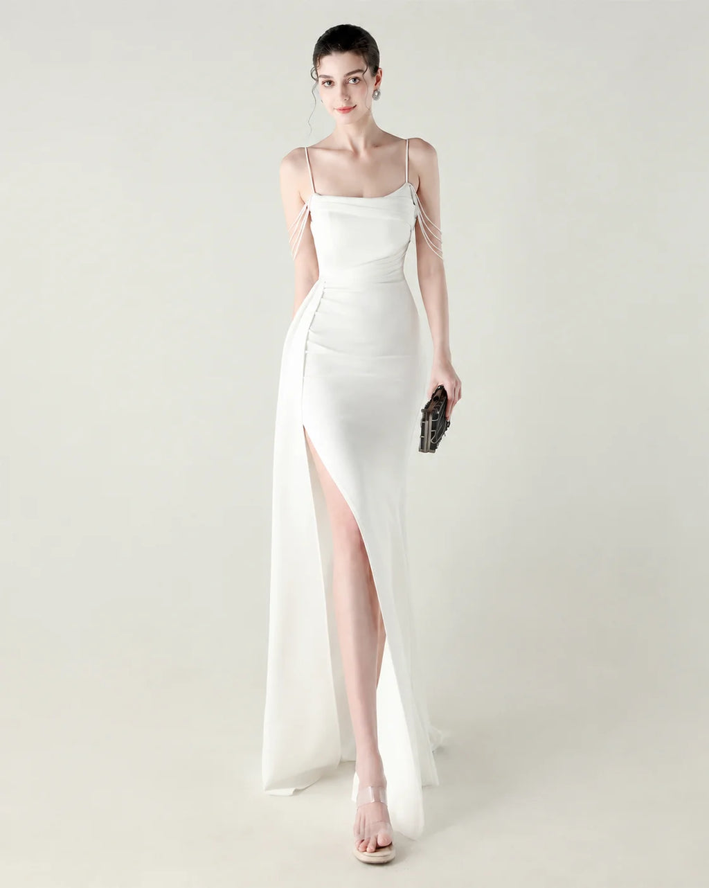 Strapless Beaded Chain Strap Ruched Mermaid Gown | Oyese