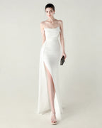 Strapless Beaded Chain Strap Ruched Mermaid Gown | Oyese