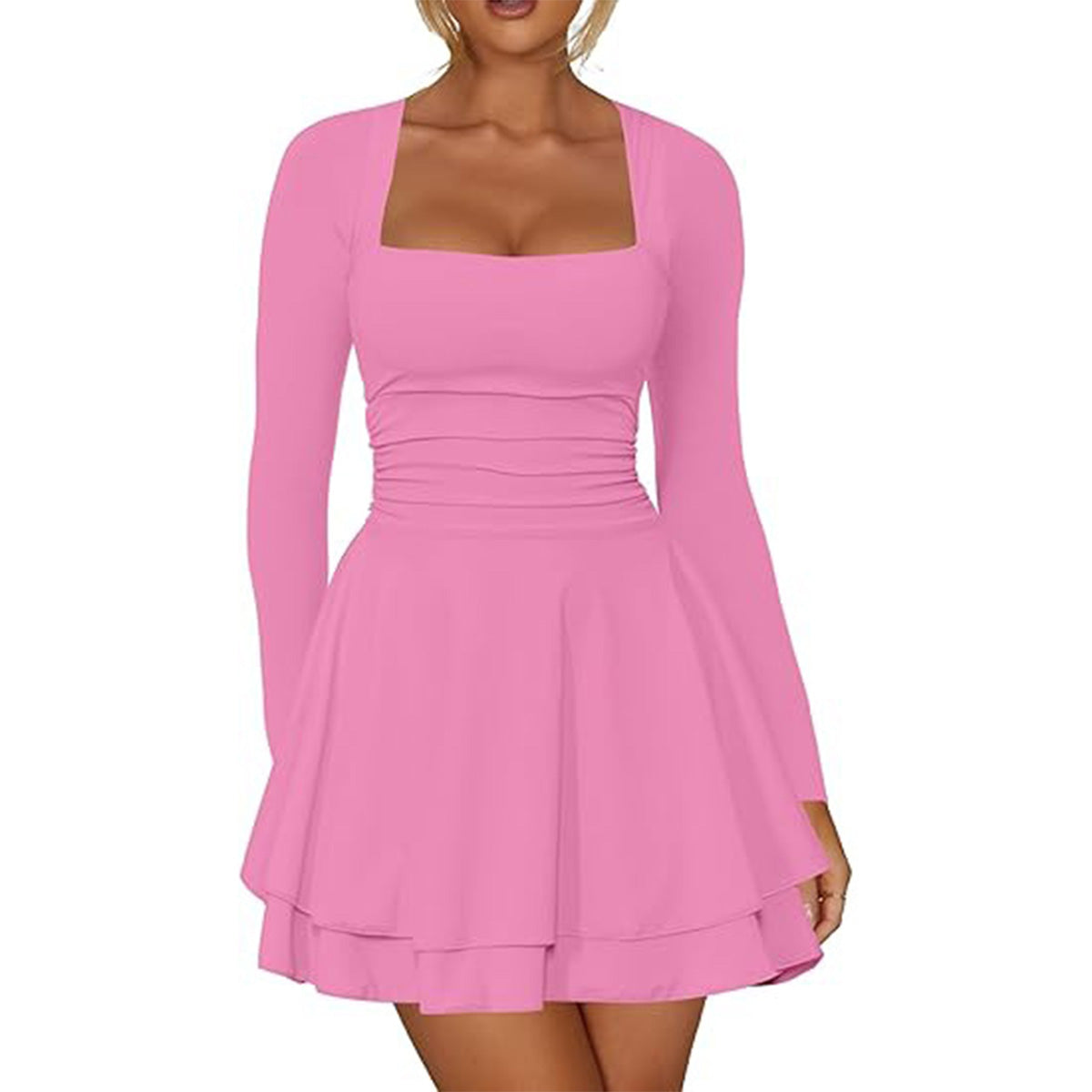 Women's Square Neck Long Sleeve Mini Dress
