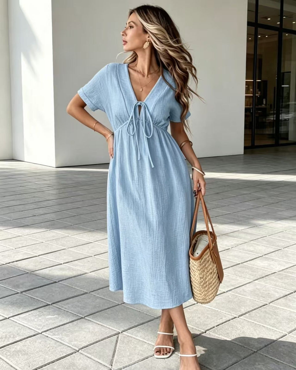V-Neck Tie Front Relaxed Midi Dress – Short Sleeve Casual Linen-Look | Oyese