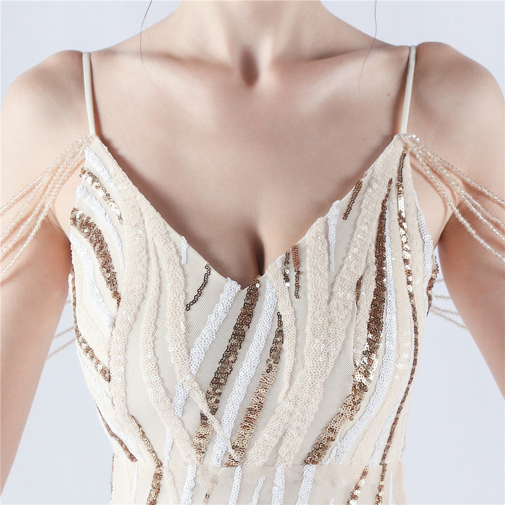 Spaghetti Strap Striped Sequin Mermaid Evening Gown | Oyese