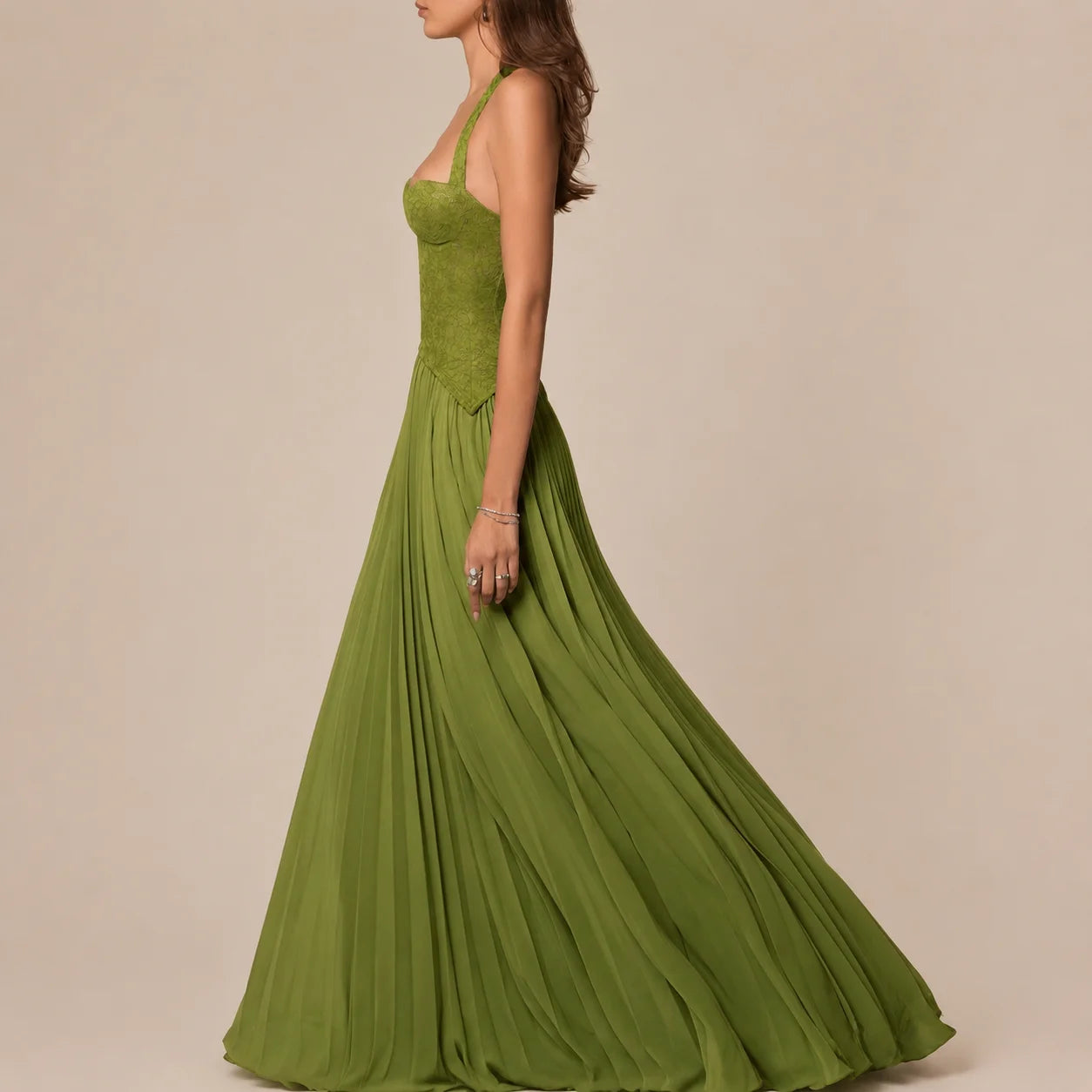 Lace Corset Halter Maxi Dress – Pleated A-Line Backless Formal Gown | Oyese