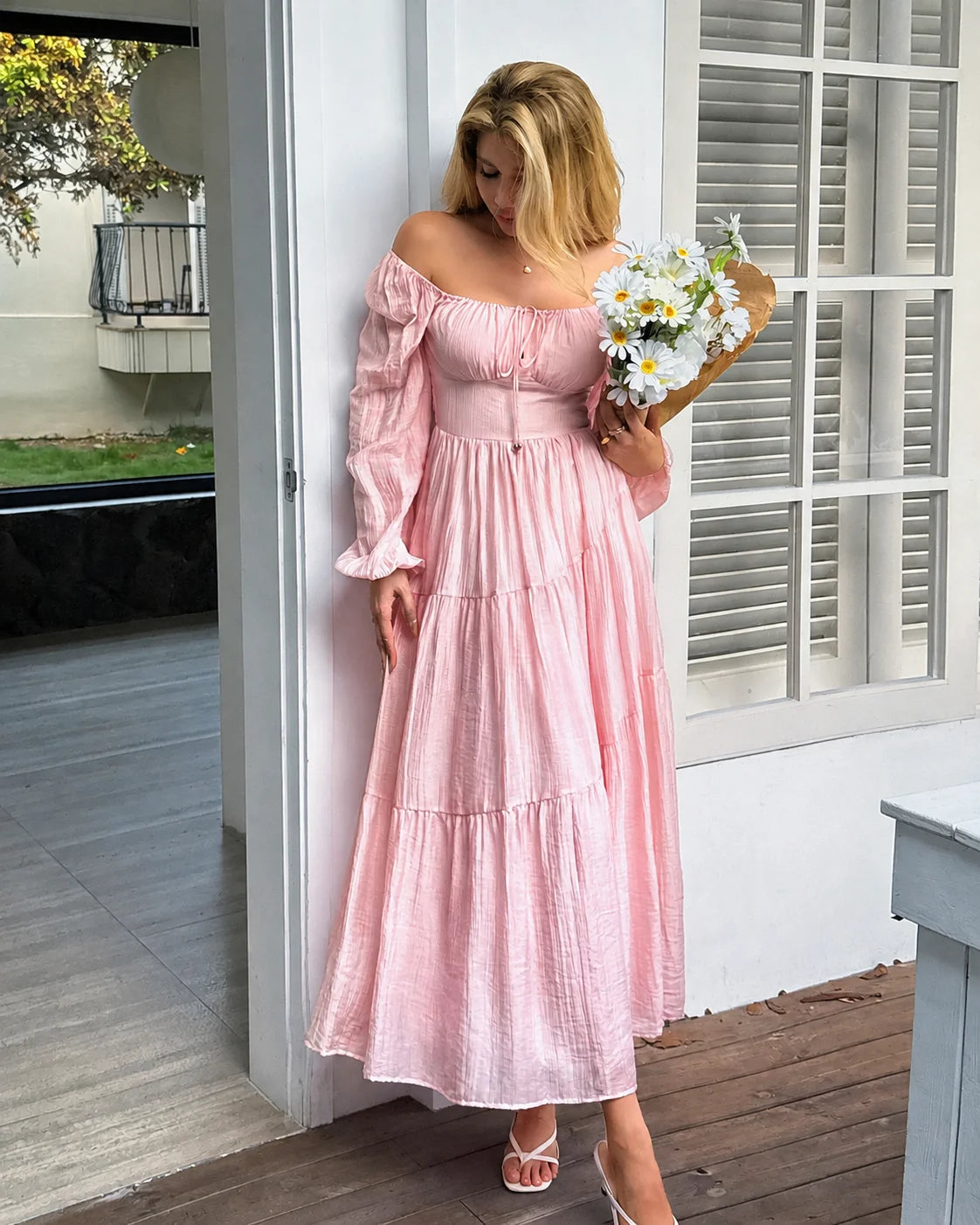 Off-Shoulder Square Neck Tiered Puff Sleeve Maxi Dress | Oyese