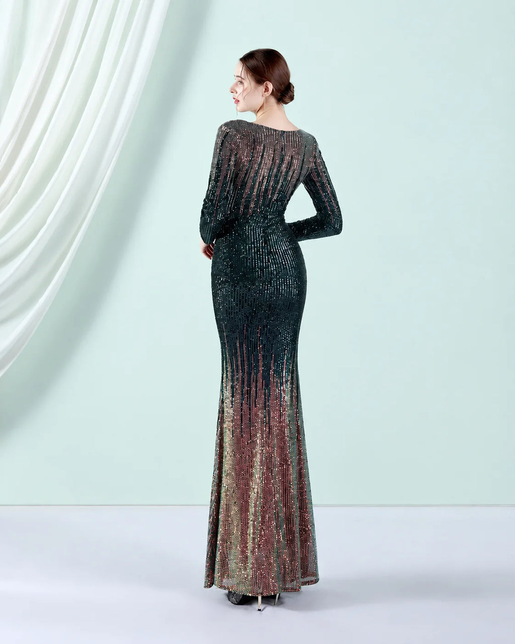 Deep V Long Sleeve Ombre Sequin Mermaid Evening Gown | Oyese