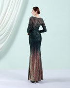 Deep V Long Sleeve Ombre Sequin Mermaid Evening Gown | Oyese