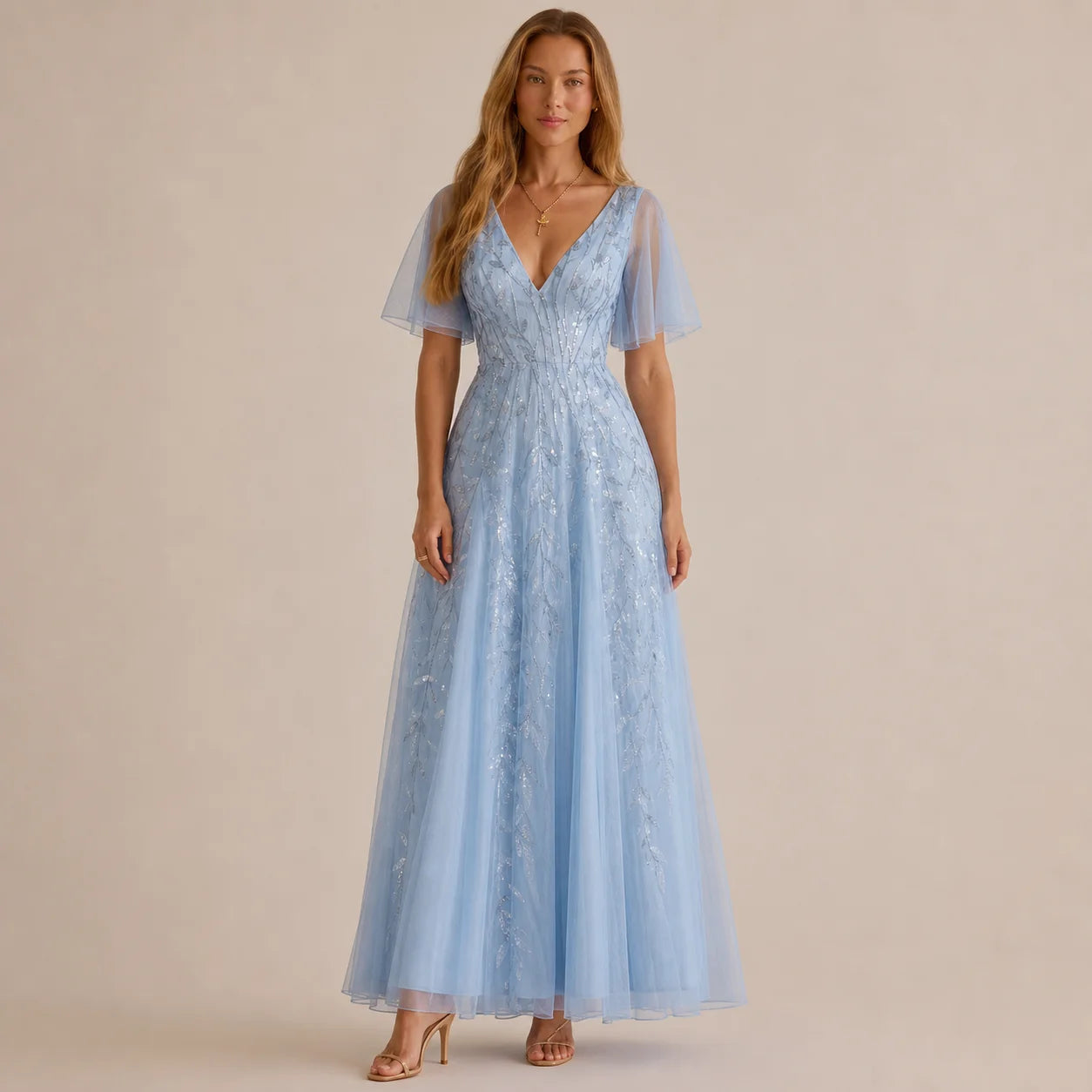 Deep V-Neck Sequin Tulle A-Line Gown – Flutter Sleeve Formal Evening Dress | Oyese
