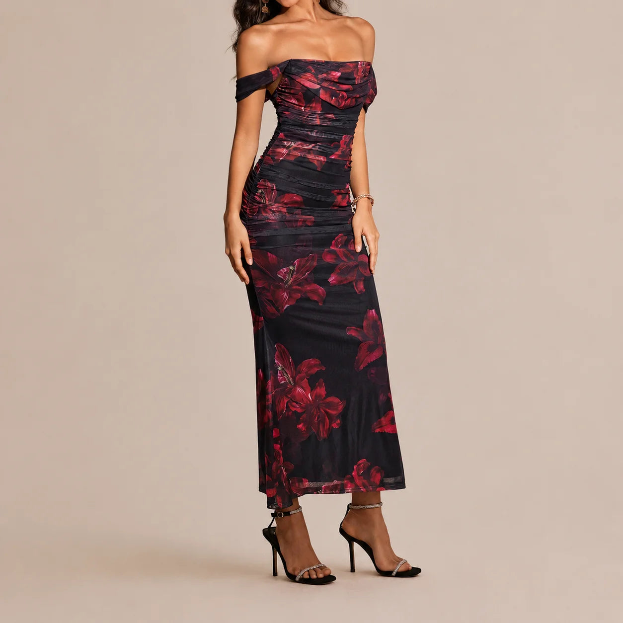 Off-Shoulder Ruched Mesh Bodycon Maxi Dress – Mermaid Evening Gown | Oyese