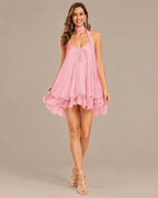 Chiffon Cami Mini Dress with Neck Scarf – Loose Ruffle Hem Party Dress | Oyese