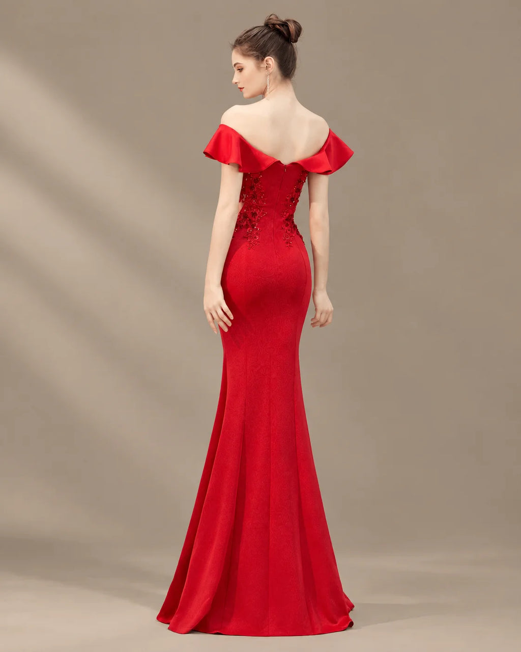 Off-Shoulder Ruffle Sleeve Beaded Mermaid Evening Gown | Oyese
