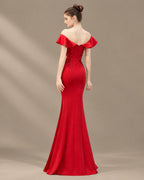 Off-Shoulder Ruffle Sleeve Beaded Mermaid Evening Gown | Oyese