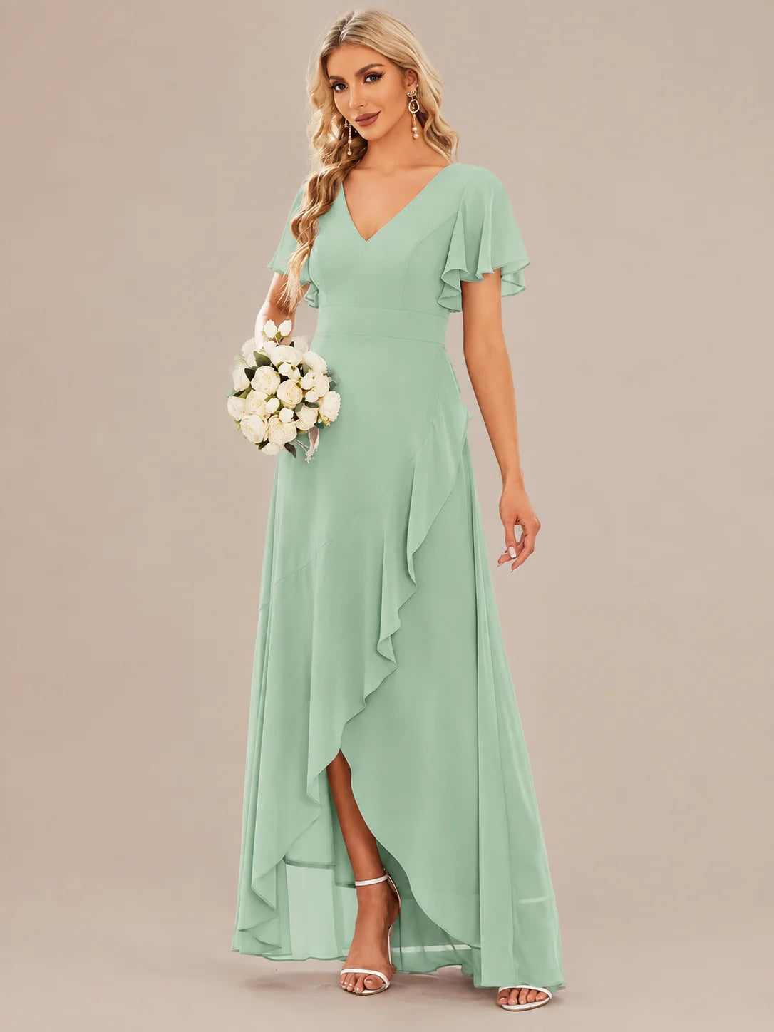 Double V-Neck Flutter Sleeve Flowy Slit Maxi Gown | Oyese