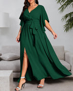 Plus Size Wrap V-Neck Flutter Sleeve Slit Maxi Dress | Oyese