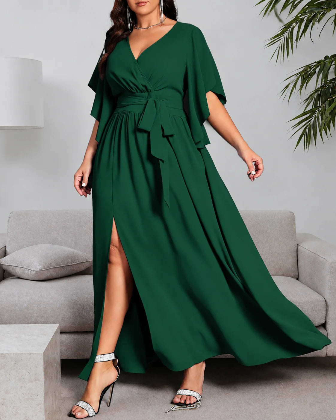 Plus Size Wrap V-Neck Flutter Sleeve Slit Maxi Dress | Oyese