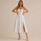Square Neck Tie Front A-Line Midi Dress – Floral & Solid Summer Dress | Oyese