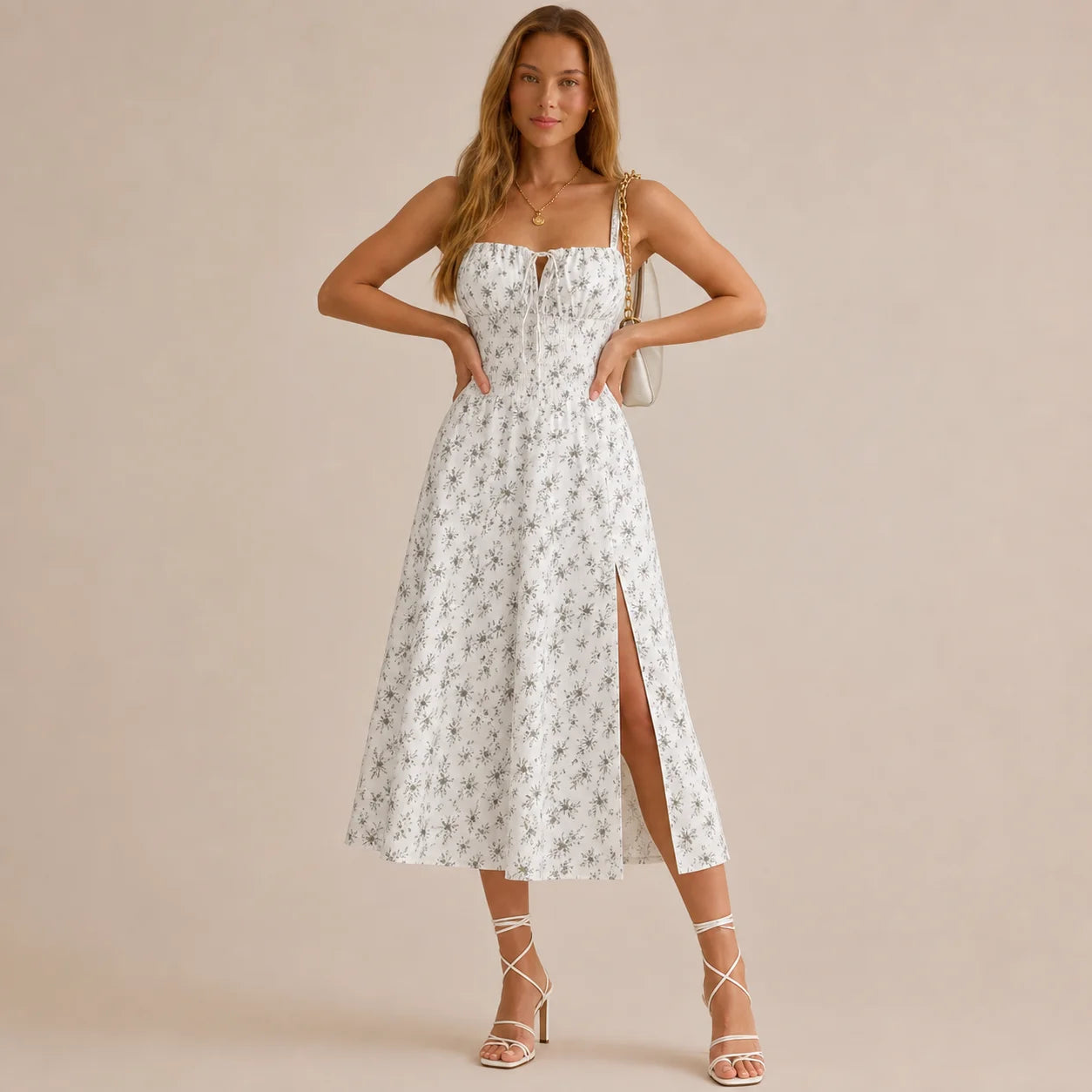 Square Neck Tie Front A-Line Midi Dress – Floral & Solid Summer Dress | Oyese