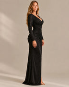 Shimmer Wrap V Neck Long Sleeve Maxi Dress – High Slit Evening Gown | Oyese
