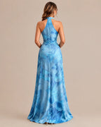 Keyhole Halter Open Back Watercolor Print Maxi Dress | Oyese