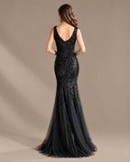 Deep V-Neck Beaded Tulle Mermaid Evening Gown | Oyese