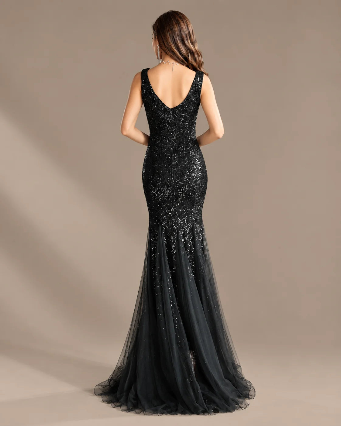 Deep V-Neck Beaded Tulle Mermaid Evening Gown | Oyese
