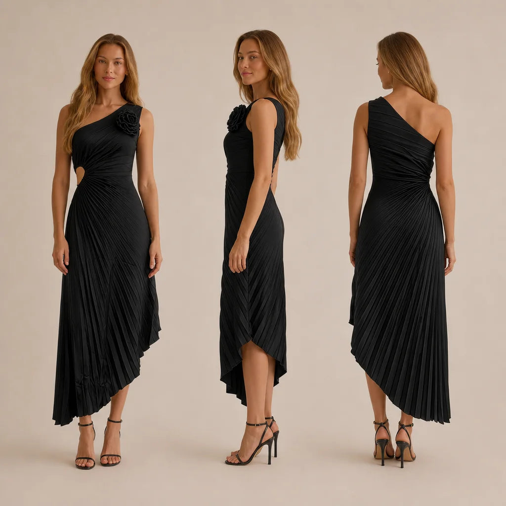 A black one-shoulder pleated midi dress is shown on a model from three angles: front, side, and back. The dress features a single floral embellishment on the shoulder, a side cutout, and a gathered, pleated skirt with an asymmetrical hem.