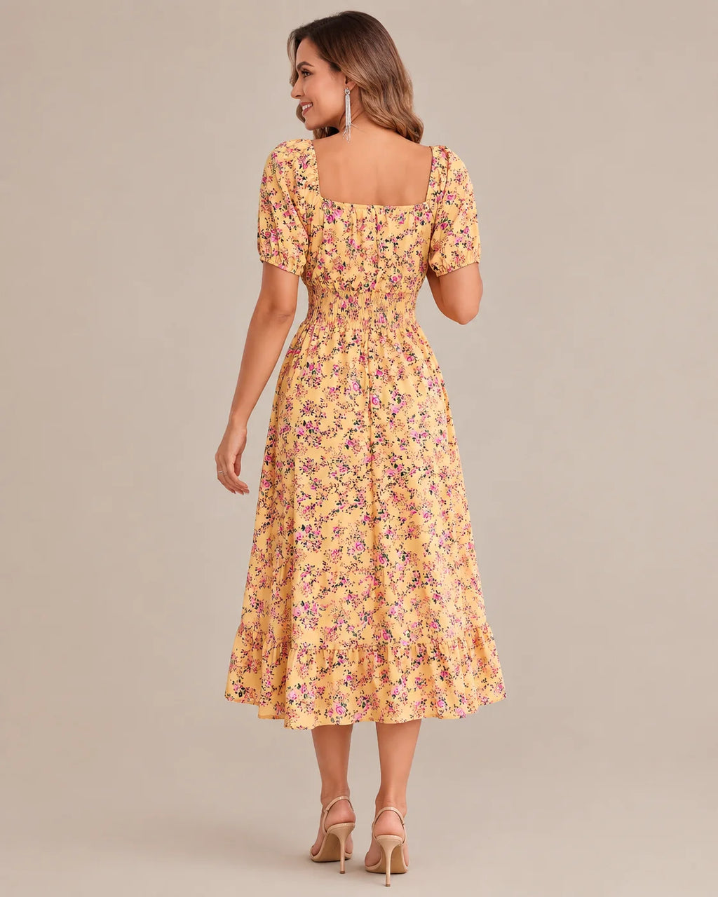 Off-Shoulder Floral Puff Sleeve Ruffle A-Line Dress | Oyese
