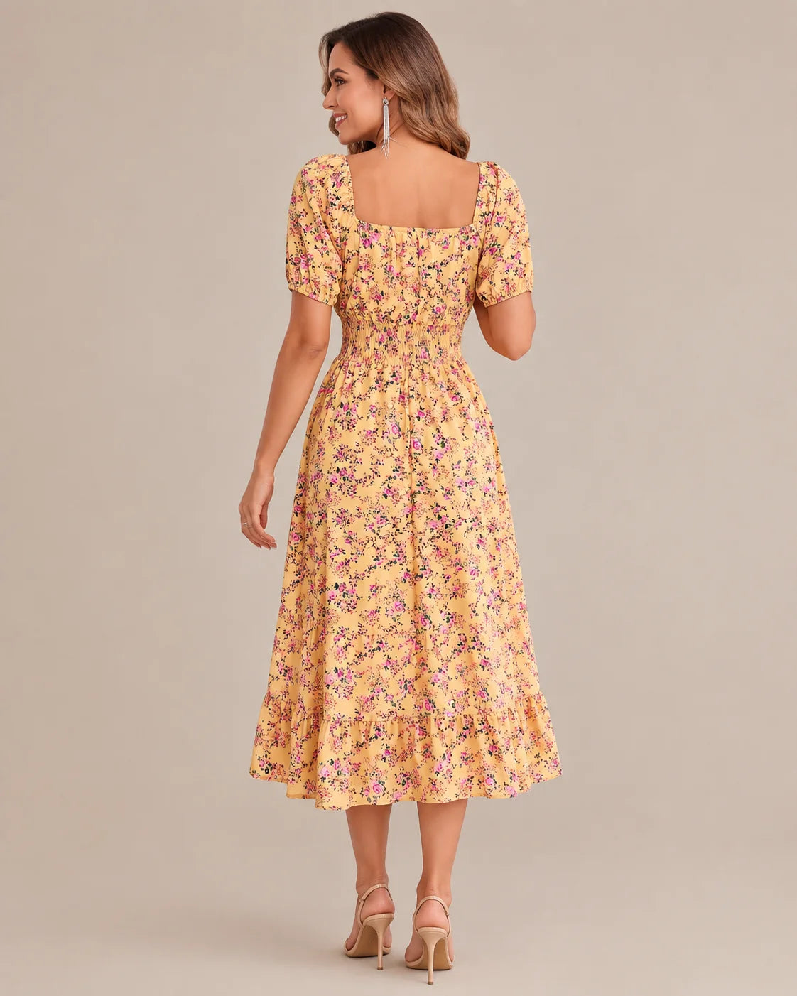 Off-Shoulder Floral Puff Sleeve Ruffle A-Line Dress | Oyese
