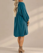 Snap Front Corduroy Puff Sleeve Mini Dress | Oyese
