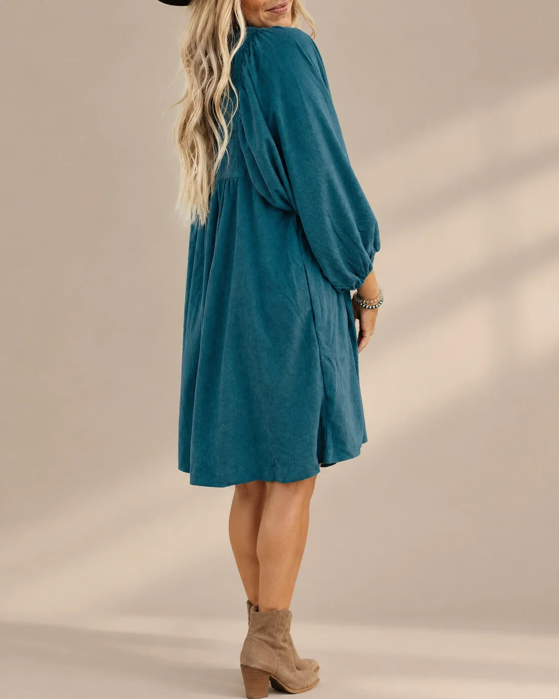Snap Front Corduroy Puff Sleeve Mini Dress | Oyese