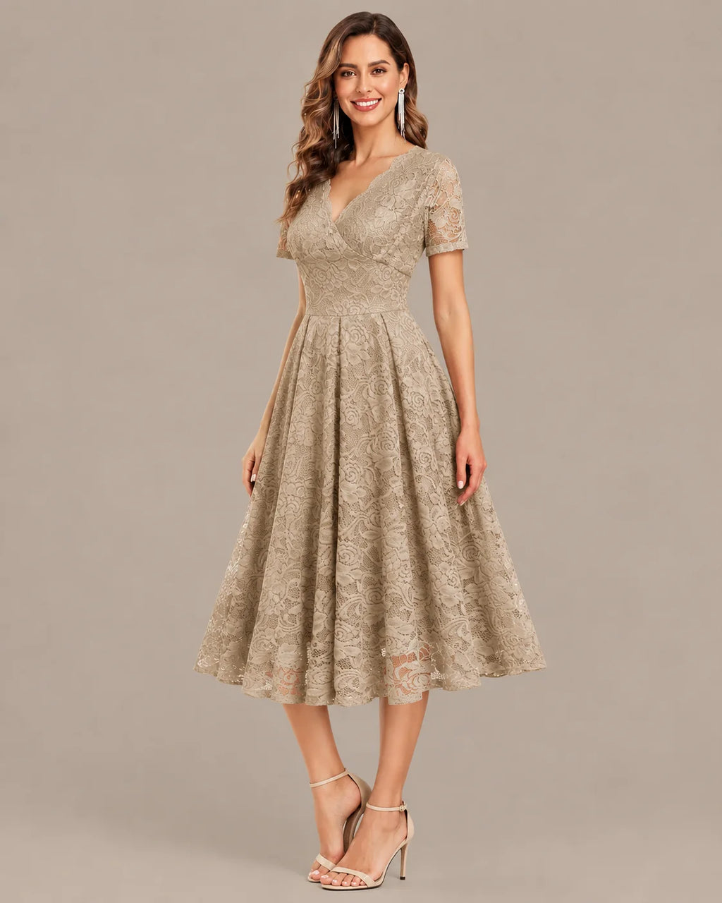 Lace V-Neck Short Sleeve Fit-and-Flare Knee Dress | Oyese