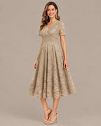 Lace V-Neck Short Sleeve Fit-and-Flare Knee Dress | Oyese