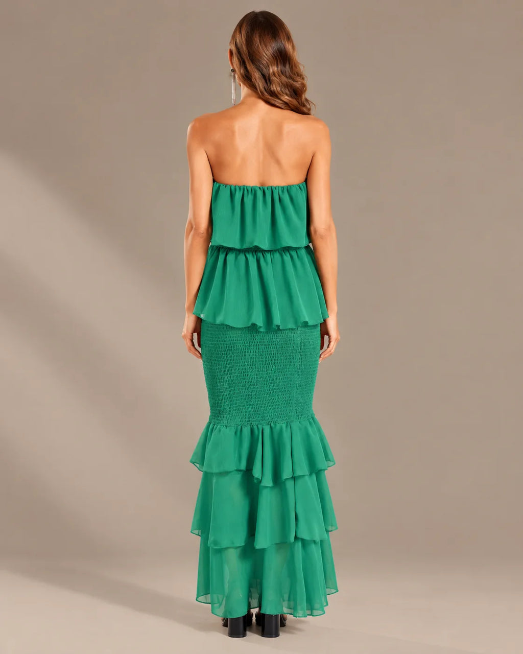 Strapless Pleated Tiered Ruffle Fitted Maxi Dress | Oyese